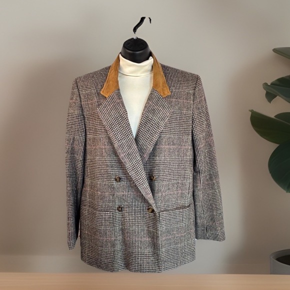 harolds Jackets & Blazers - Vintage Plaid Wool Blazer 6 Suede Collar Brown‎ Double Breasted Preppy Clueless